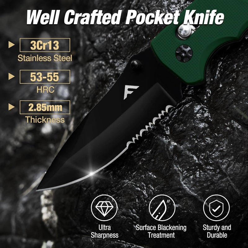 FLISSA Folding Pocket Knife with Clip, Glass Breaker and Seatbelt Cutter, Survival Knife for Emergency Rescue Situations, EDC Knife for Tactical, Hunting, Camping, Outdoor, Unique Gifts for Dad, Father-Green - Image 4